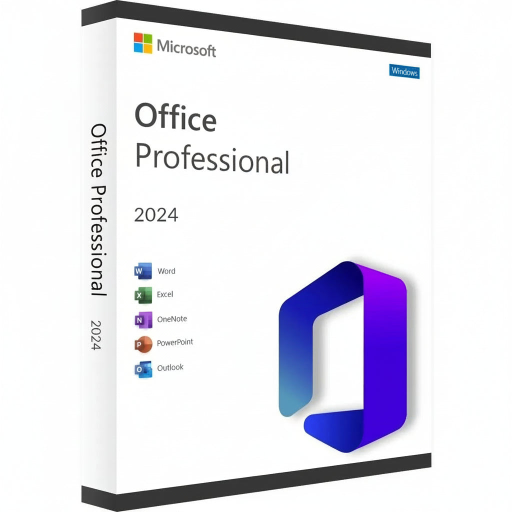 Paquete de software Microsoft Office Professional 2024 en una caja sobre un fondo blanco