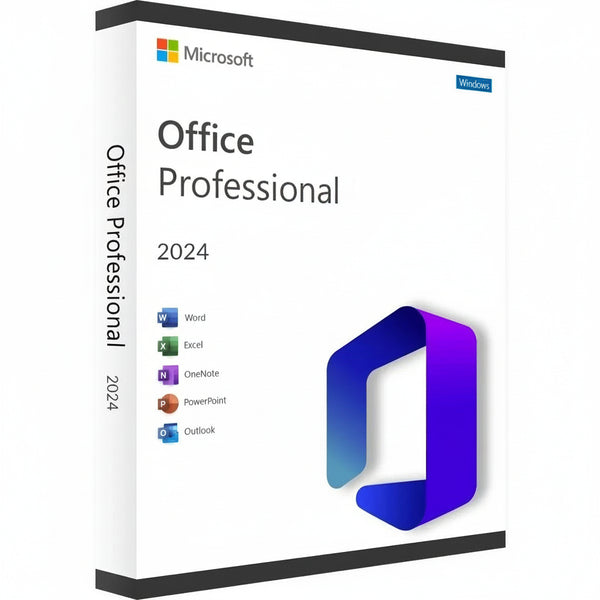 กล่องซอฟต์แวร์ Microsoft Office Professional 2024 บนพื้นหลังสีขาว