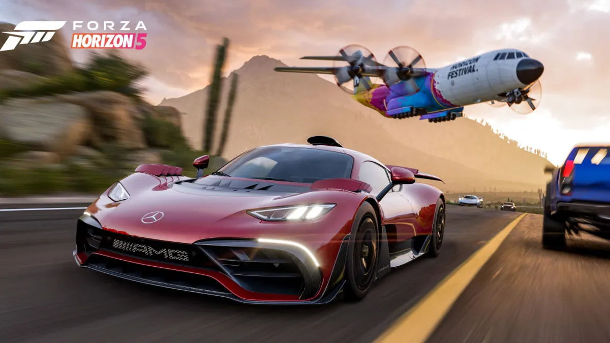 Red sports car racing on a track with a drone and mountainous landscape in the background, featuring the Forza Horizon 5 logo.
