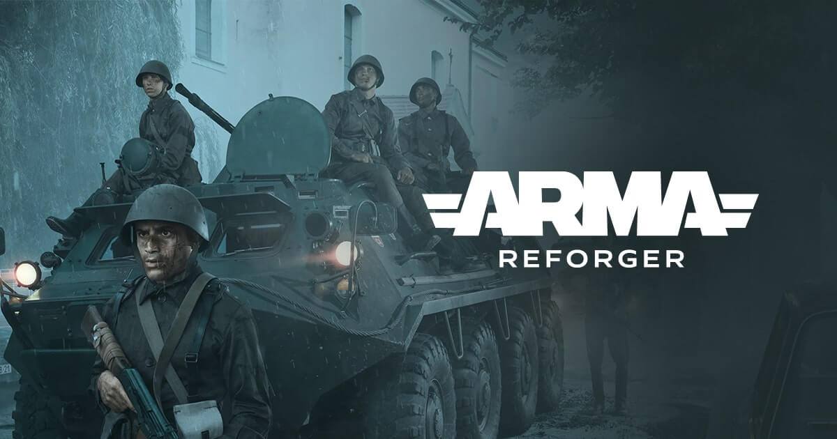 Tank with soldiers and 'Arma Reforger' logo in a dark, moody setting