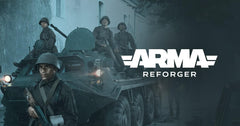 Tanque com soldados e o logótipo de 'Arma Reforger' num ambiente escuro e sombrio