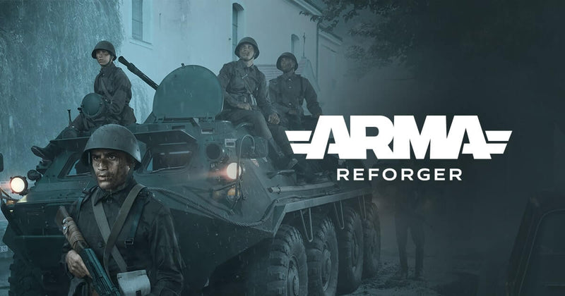 Tanque com soldados e o logótipo de 'Arma Reforger' num ambiente escuro e sombrio