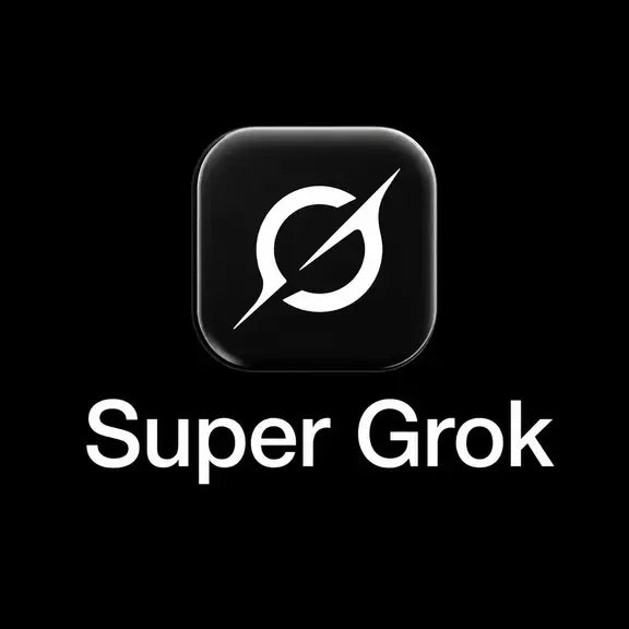 Super Grok logo on a black background, featuring a rounded black square icon with a white stylized symbol above the text 'Super Grok' in white.