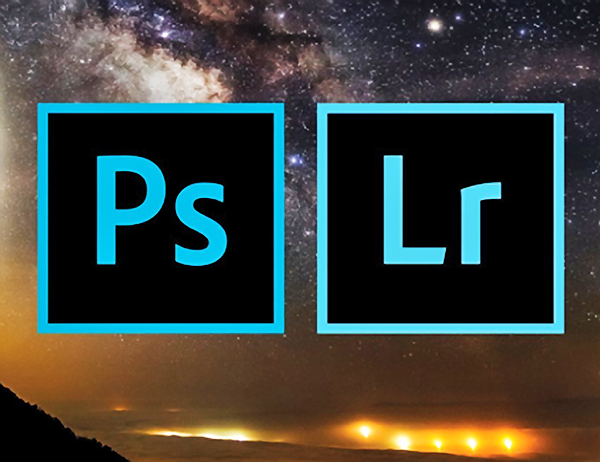 Two squares with 'Ps' and 'Lr' on a background of a starry night sky and mountain landscape.