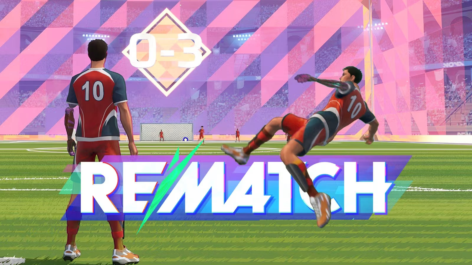 A digital graphic featuring soccer players on a field with a large 'REMATCH' text overlay and a score of 0-3 graphic, set against a pink and purple stadium background.