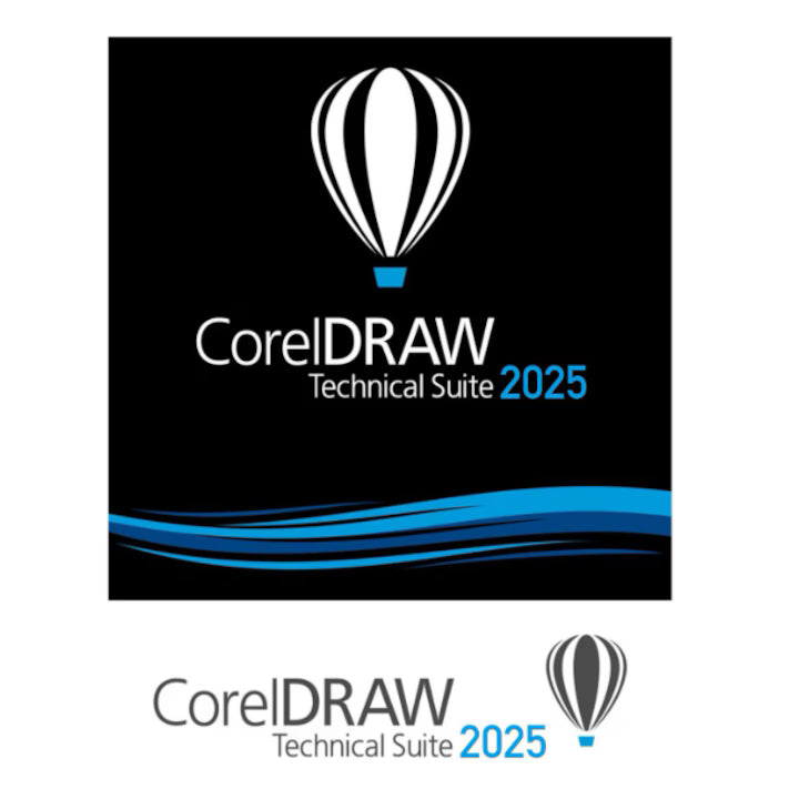 Logotipo de CorelDRAW Technical Suite 2025 con un globo aerostático sobre un fondo negro