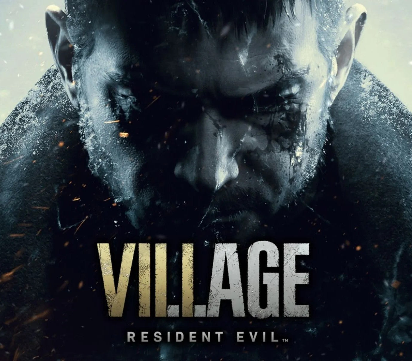 Promotional poster for 'Resident Evil Village' with a close-up of a character's face.