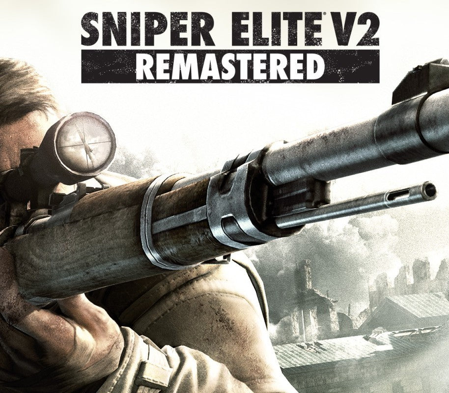 Sniper Elite V2 Remastered cover with a person holding a rifle and scope.