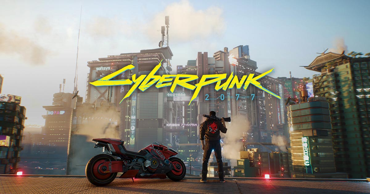 Cyberpunk 2077 logo with a character and motorcycle in a futuristic cityscape.