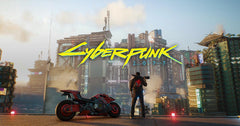 Cyberpunk 2077 logo with a character and motorcycle in a futuristic cityscape.