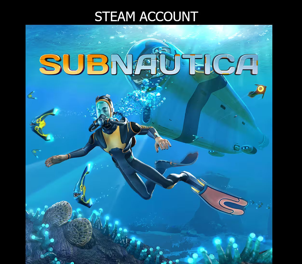 A square promotional graphic for the video game Subnautica, showing an underwater scene with a diver swimming in front of a submersible. The word 'SUBNAUTICA' appears across the top in large orange and white letters.