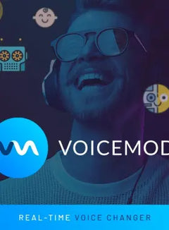 Szemüveget viselő személy kék árnyalattal, Voicemod logóval és szöveggel.