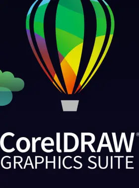 CorelDRAW Graphics Suite logo with a colorful hot air balloon and cloud on a black background