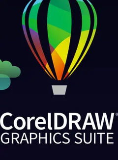 CorelDRAW Graphics Suite logo s šarenim balonom na vrući zrak i oblakom na crnoj pozadini