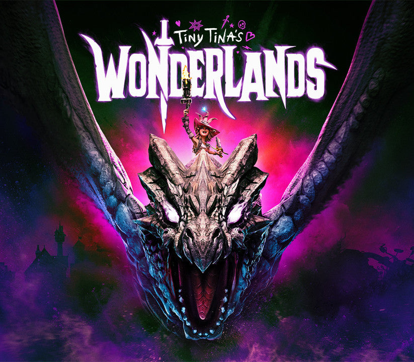 Promotional image for 'Tiny Tina's Wonderlands' with a dragon and character on a dark background.