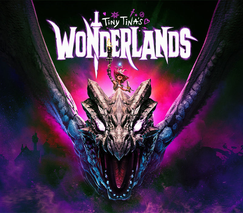 Promotional image for 'Tiny Tina's Wonderlands' with a dragon and character on a dark background.