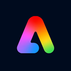 Logotipo em gradiente com vermelho, laranja, amarelo, verde e azul em um fundo preto