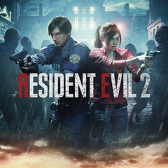 ภาพโปรโมชันสำหรับ 'Resident Evil 2' ที่มีตัวละครสองคนถือปืนอยู่ในฉากเมืองมืดทึม