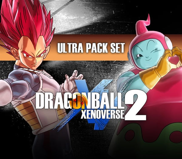 Two animated characters from Dragon Ball Xenoverse 2 with the title 'Ultra Pack Set' on a dark background.