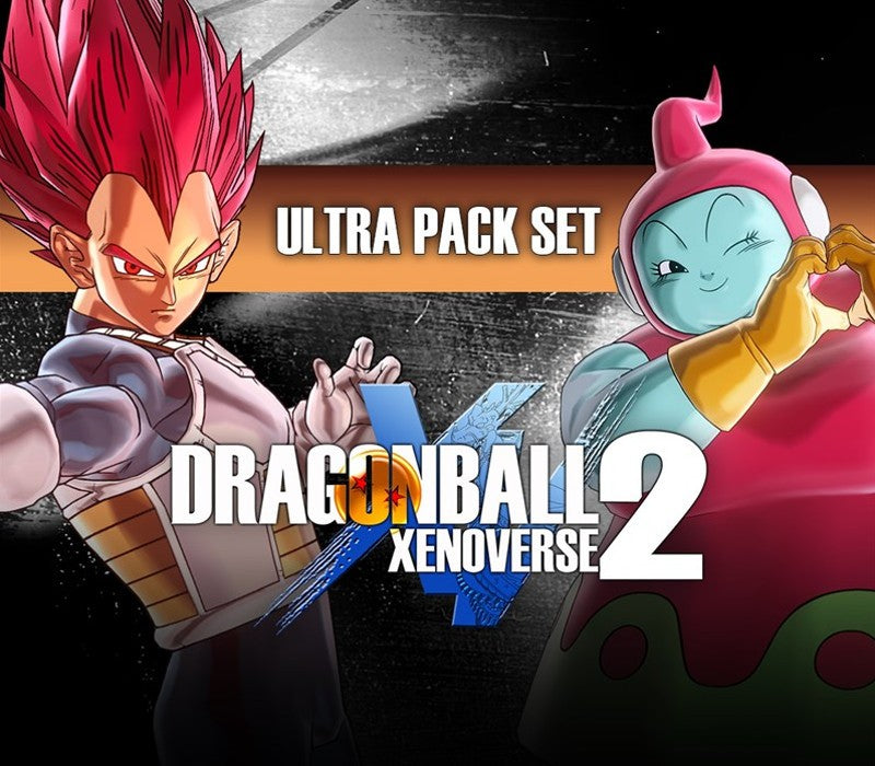 Two animated characters from Dragon Ball Xenoverse 2 with the title 'Ultra Pack Set' on a dark background.