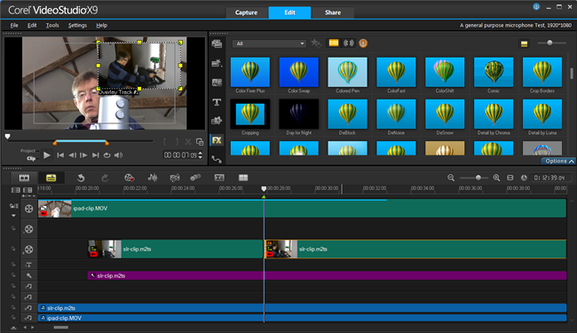Corel VideoStudio software interface with video editing tools and timeline.
