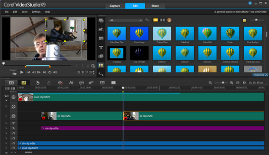 Corel VideoStudio software interface with video editing tools and timeline.