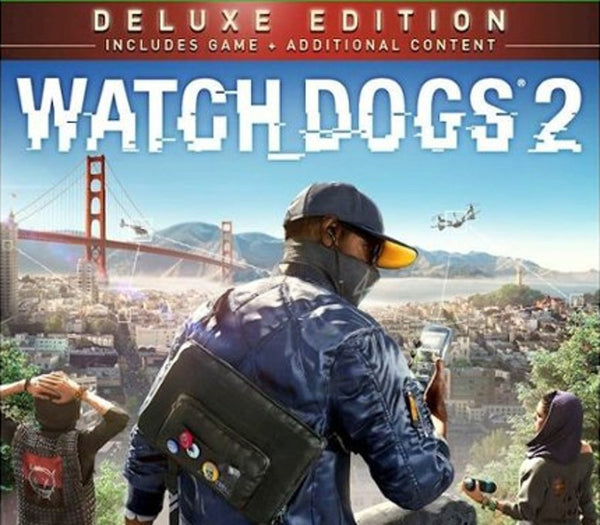 Cover of 'Watch Dogs 2' Deluxe Edition with a person holding a game console and the Golden Gate Bridge in the background.