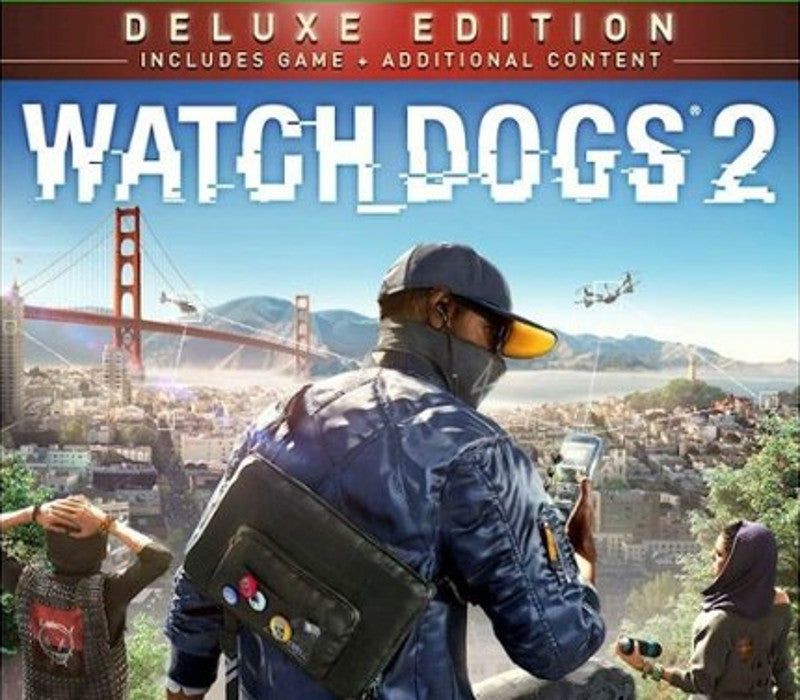 Cover of 'Watch Dogs 2' Deluxe Edition with a person holding a game console and the Golden Gate Bridge in the background.