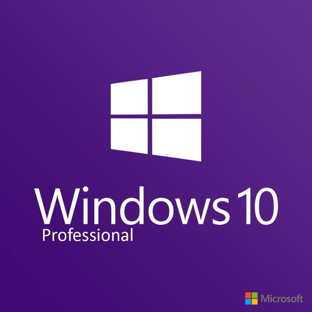 Slika prikazuje Windows 10 Professional logo na ljubičastoj pozadini, predstavljajući brendiranje operativnog sistema.