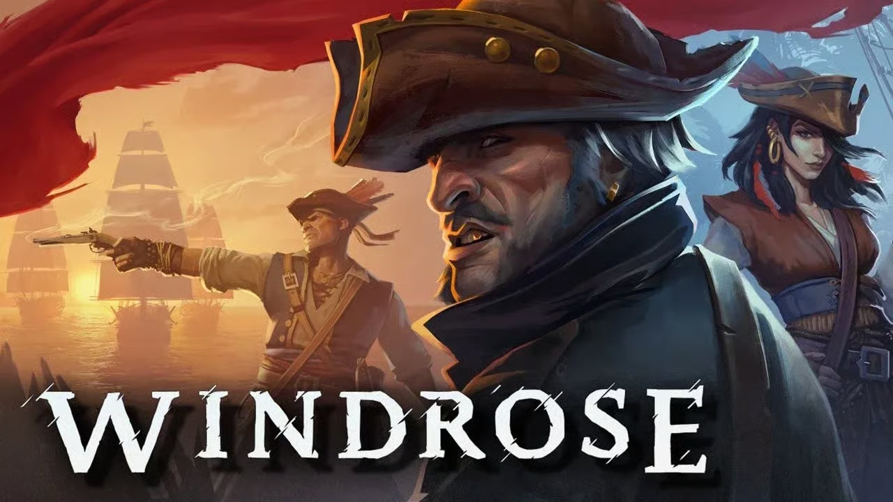 Ilustracija pirata sa brendiranjem „Windrose“, sa likovima i brodom.