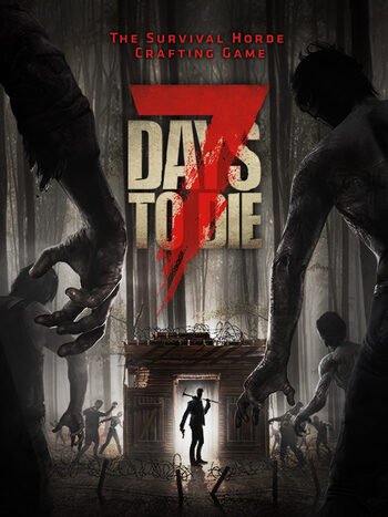 The cover image for the video game '7 Days to Die' features a dark and foreboding scene with a ruined structure in the background, overgrown vegetation, and a figure in the foreground looking towards the camera. The game's title is prominently displayed at the top in a striking red font, with the subtitle 'The Survival Horde Crafting Game' below it.